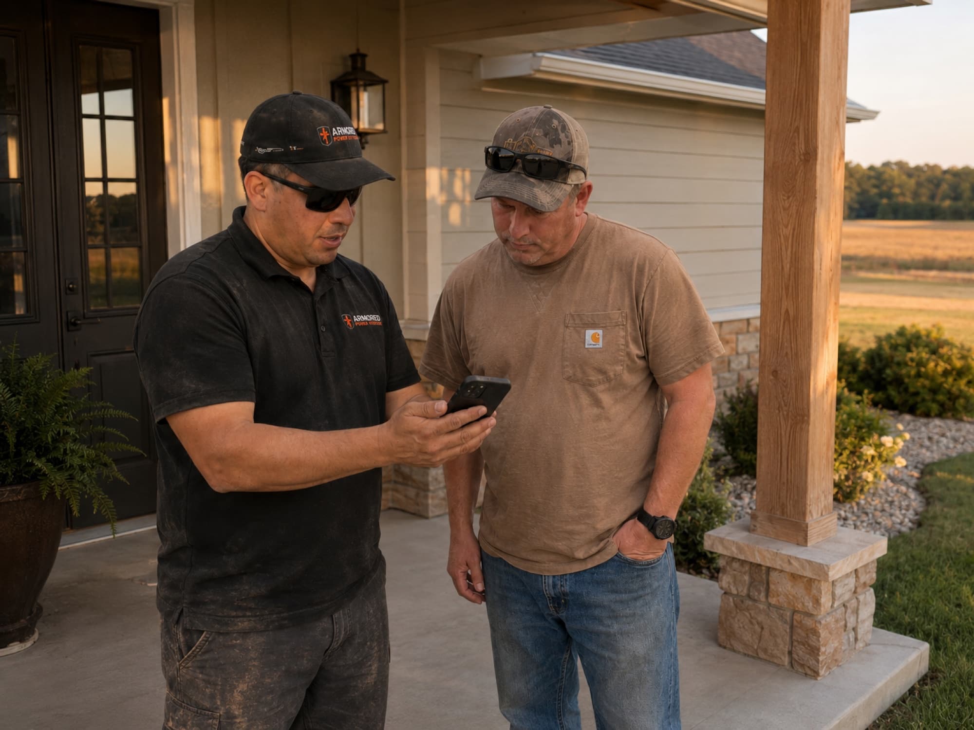 An Armored Power Systems technician walking a homeowner through generator monitoring on a porch at golden hour.