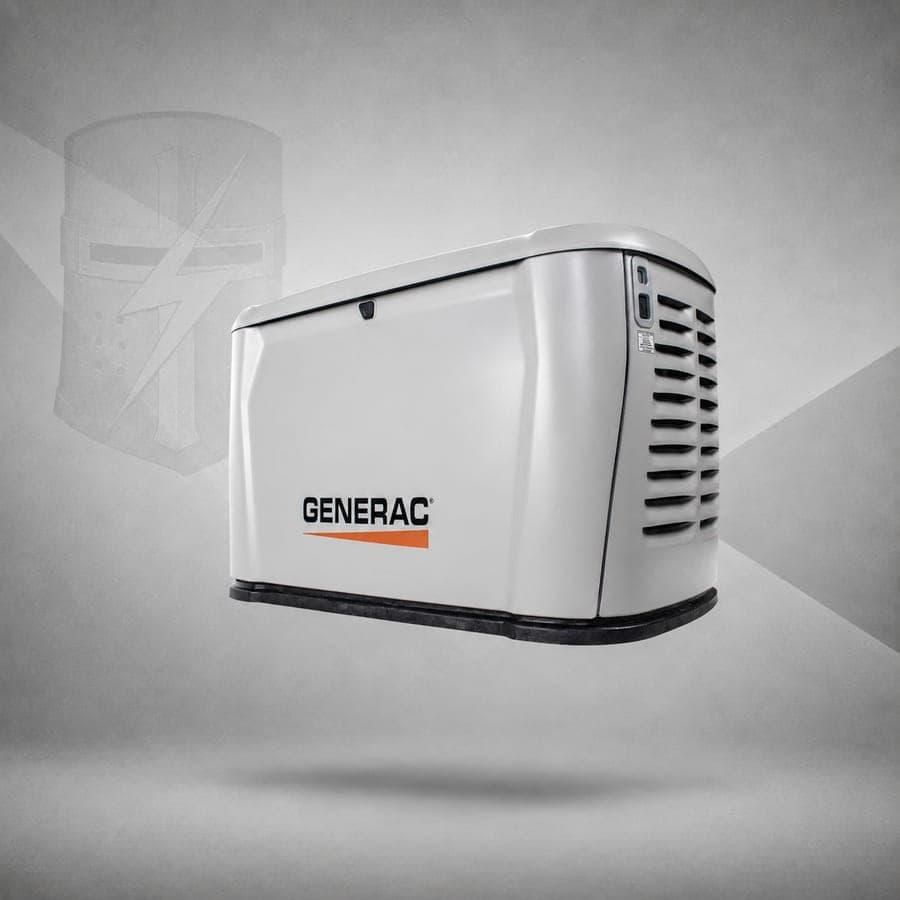 A Generac air-cooled home standby generator, shown in a manufacturer product render.