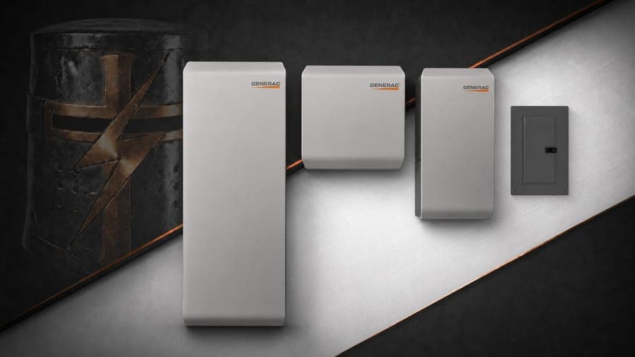 Generac PWRcell inverter, battery modules and transfer equipment, shown in a manufacturer product render.