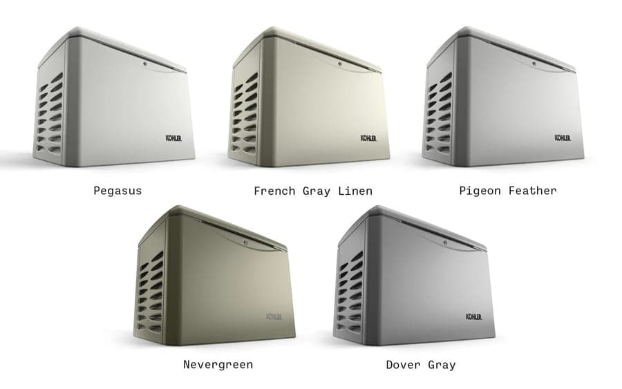 The five Kohler home standby enclosure colours — Pegasus, French Gray Linen, Pigeon Feather, Nevergreen and Dover Gray — shown in manufacturer product renders.