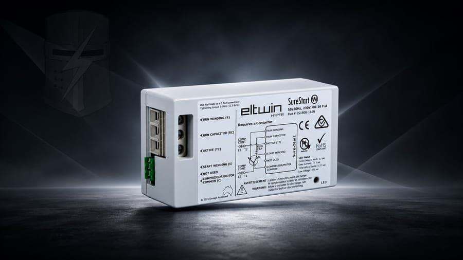 An Eltwin SureStart soft-start device, which cuts the starting draw of an air-conditioning compressor, shown in a manufacturer product render.